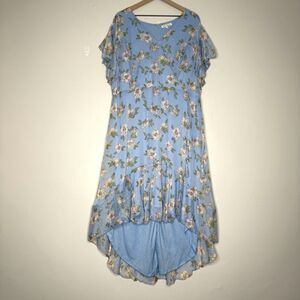 Indulge Instyle Womens Hi-Lo Faux‎ Wrap Dress 3X Blue Floral Sheer Boho Ruffle